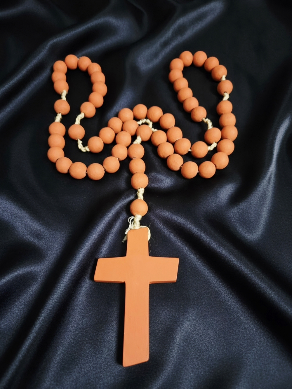Vintage Orange Terracotta Orange textured beads & Wood large Simple Cross 42"